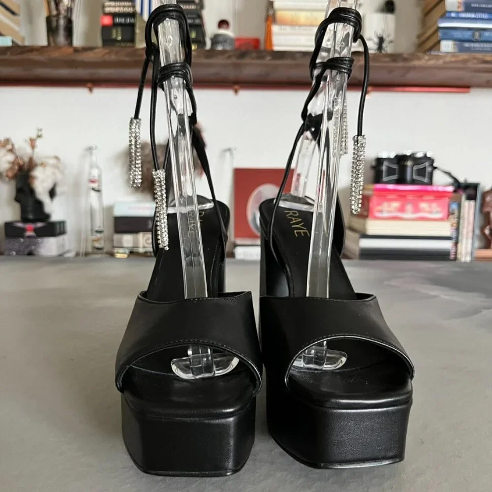 Raye Revolve Black Dot Platform Tie Up Wrap Block Heels - Picture 6 of 14